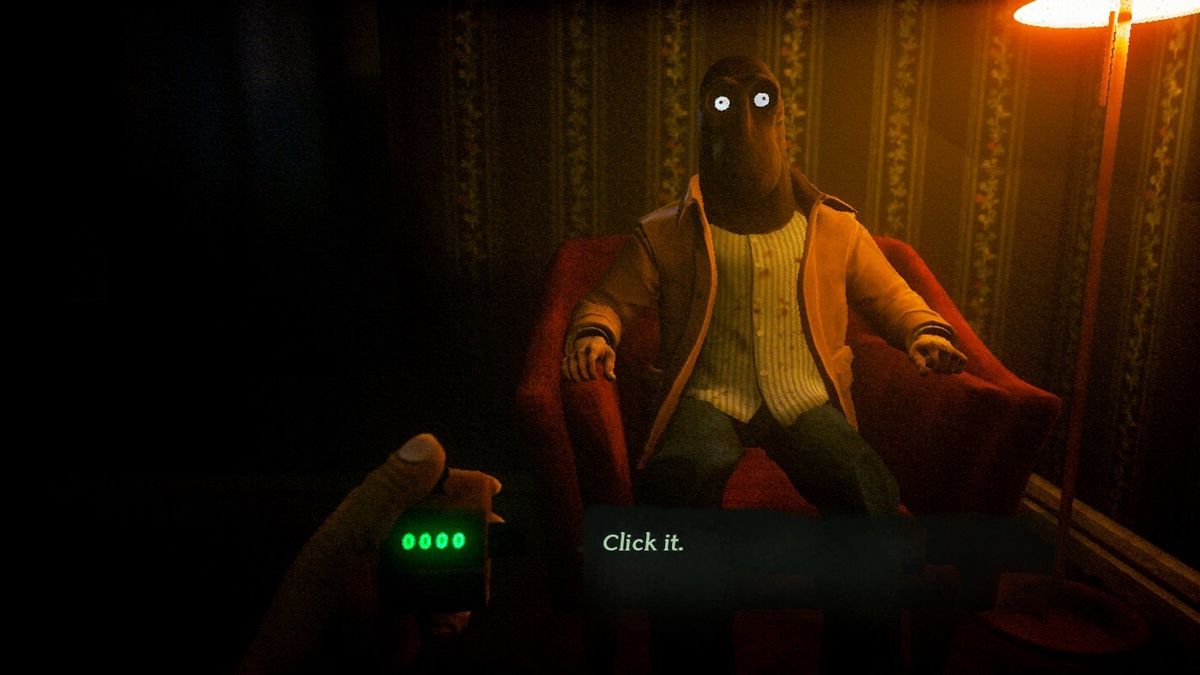 Masked man sits in the corner of a hotel room with text that reads &quot;Click it,&quot; from Clickolding