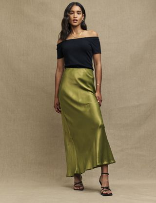 Petite Olive Green Mila Satin Maxi Skirt