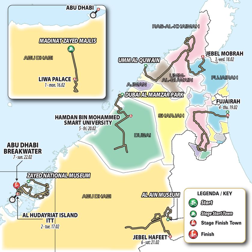 Route maps and stage profiles for 2026 UAE Tour men