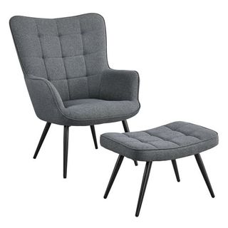 Renwick Mid-Century Modern Fabric Wingback Accent Chair With Ottoman, Gray