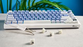 A Royal Kludge M75 wireless mechanical keyboard with blue keycaps