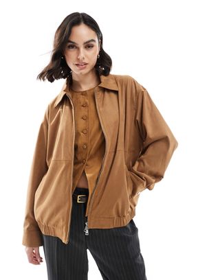 Stradivarius Faux Suede Bomber Jacket in Tan