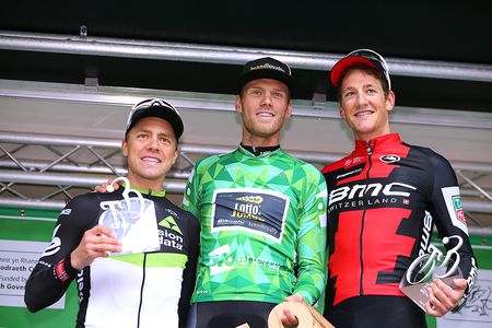 Edvald Boasson Hagen, Lars Boom and Stefan Kung celebrate on the Tour of Britain podium