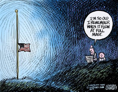 Political Cartoon U.S. Remember Flag Half-Mast