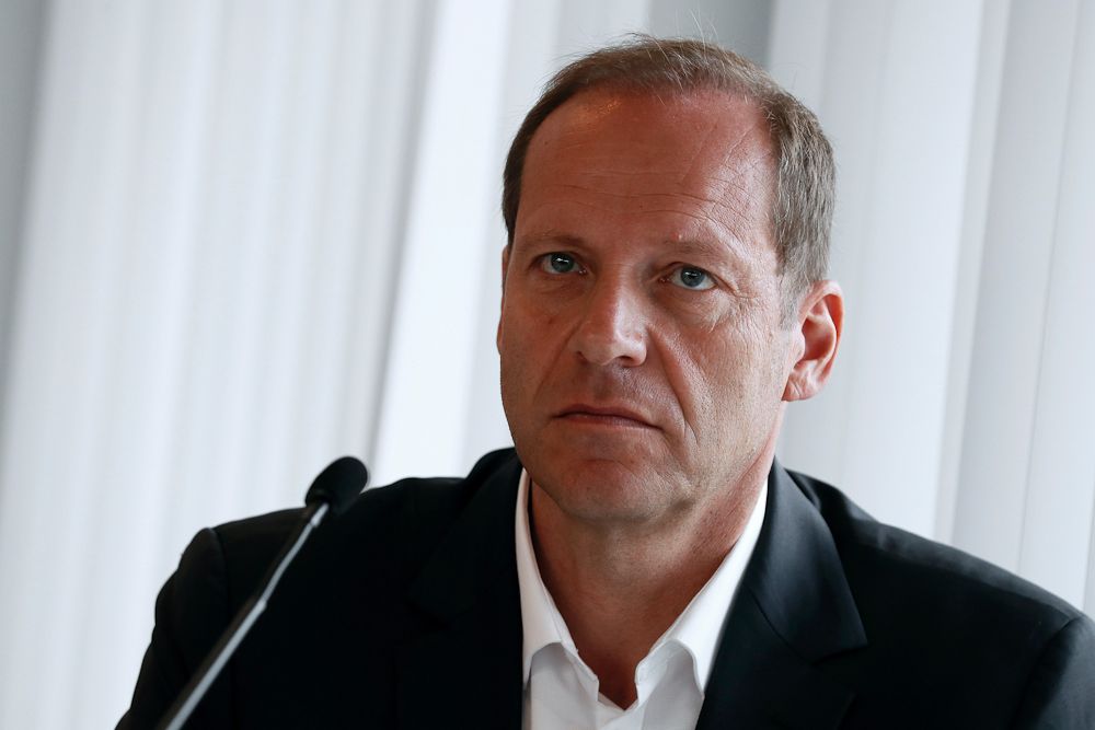 Tour de France race director Christian Prudhomme looks on during a press conference on mechanical fraud, in Paris, on June 27, 2016
