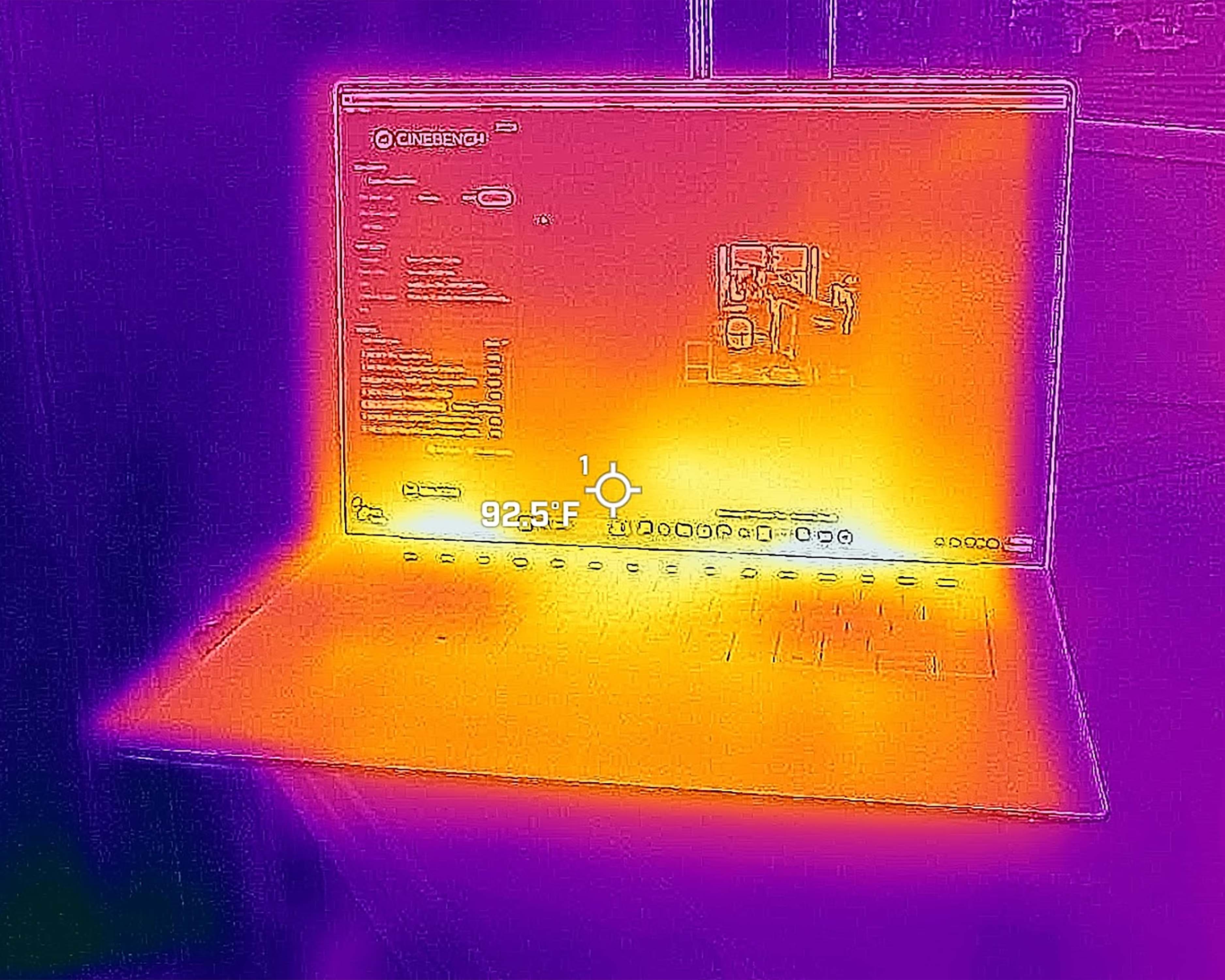 Pictures taken with a thermal camera of the Dell 16 Premium showing that the hottest parts of the laptop are above the keyboard.