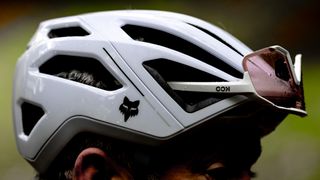 Fox Racing Crossframe Pro helmet details with sunglasses