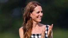 Catherine, Princess of Wales claps as she attends the DMMI Royal Charity Polo Cup 2026 at The Castle Ground, Guards Polo Club, Flemish Farm on July 10, 2026