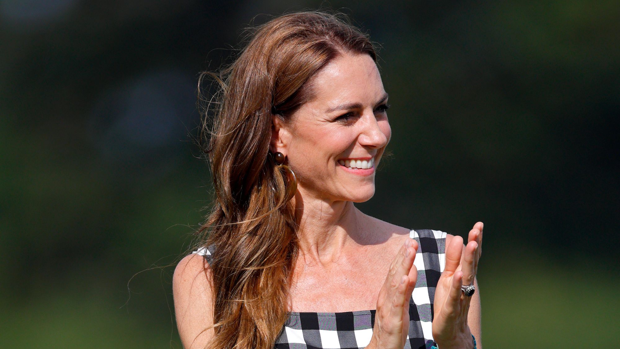 Catherine, Princess of Wales claps as she attends the DMMI Royal Charity Polo Cup 2026 at The Castle Ground, Guards Polo Club, Flemish Farm on July 10, 2026