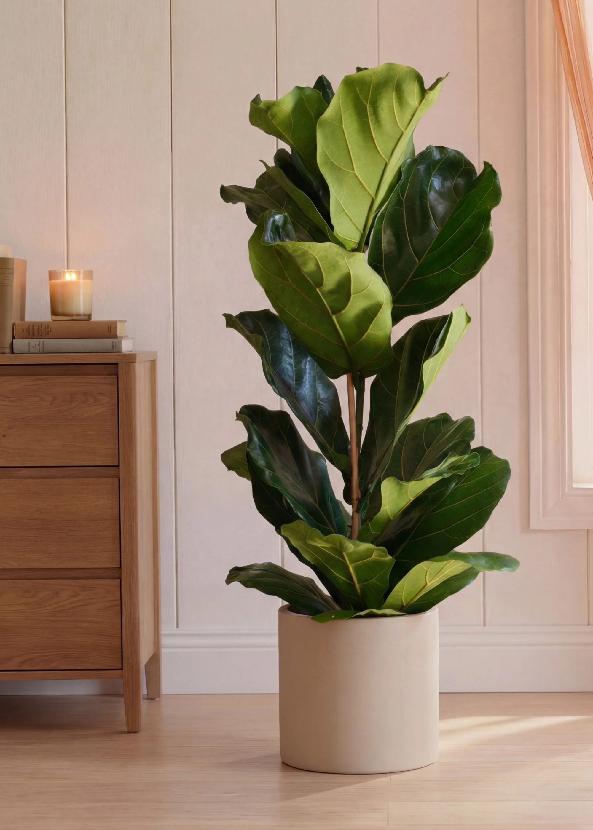 A large potted fiddle leaf fig in a bedroom by a wooden chest of drawers and sheer pink curtains