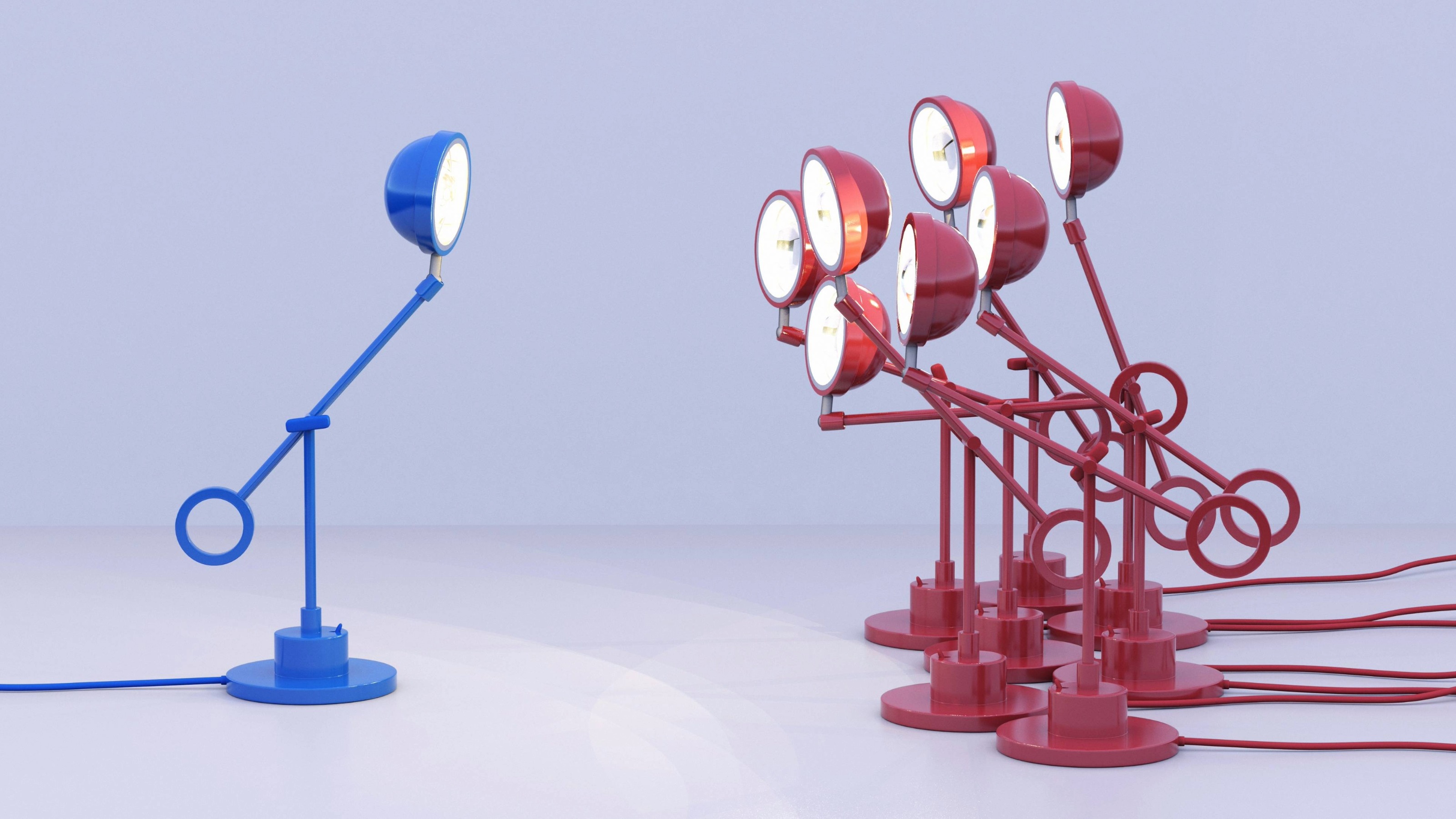 Blue lamp facing a group of red lamps