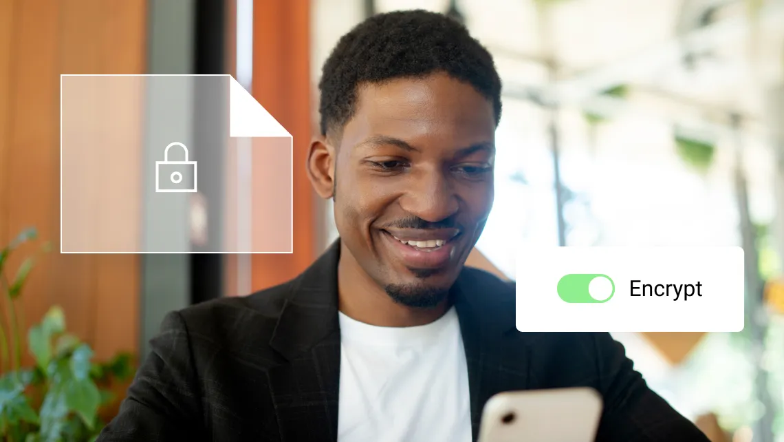 A man encrypting a document using his phone