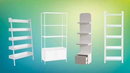 a group of white bookshelves on a colorful background