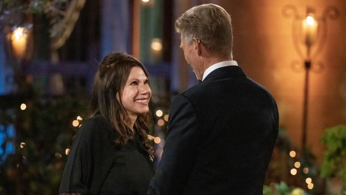 Theresa Nist introduces herself to Gerry Turner on the series premiere of The Golden Bachelor on ABC, which aired September 28, 2023.