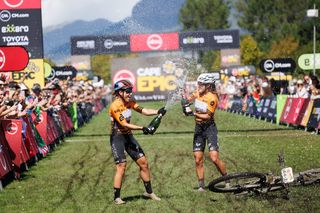 Vera Looser and Kim le Court (Efficient Infiniti Insure) celebrate taking overall victory at the 2023 Absa Cape Epic