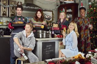 Motherland: Last Christmas main cast in festive posed shot.