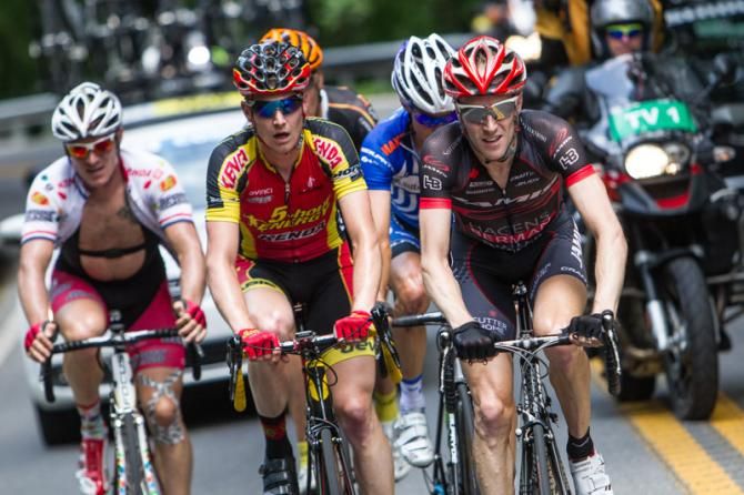 Tyler Wren (Jamis-Hagens Berman) leads the break on the climb.