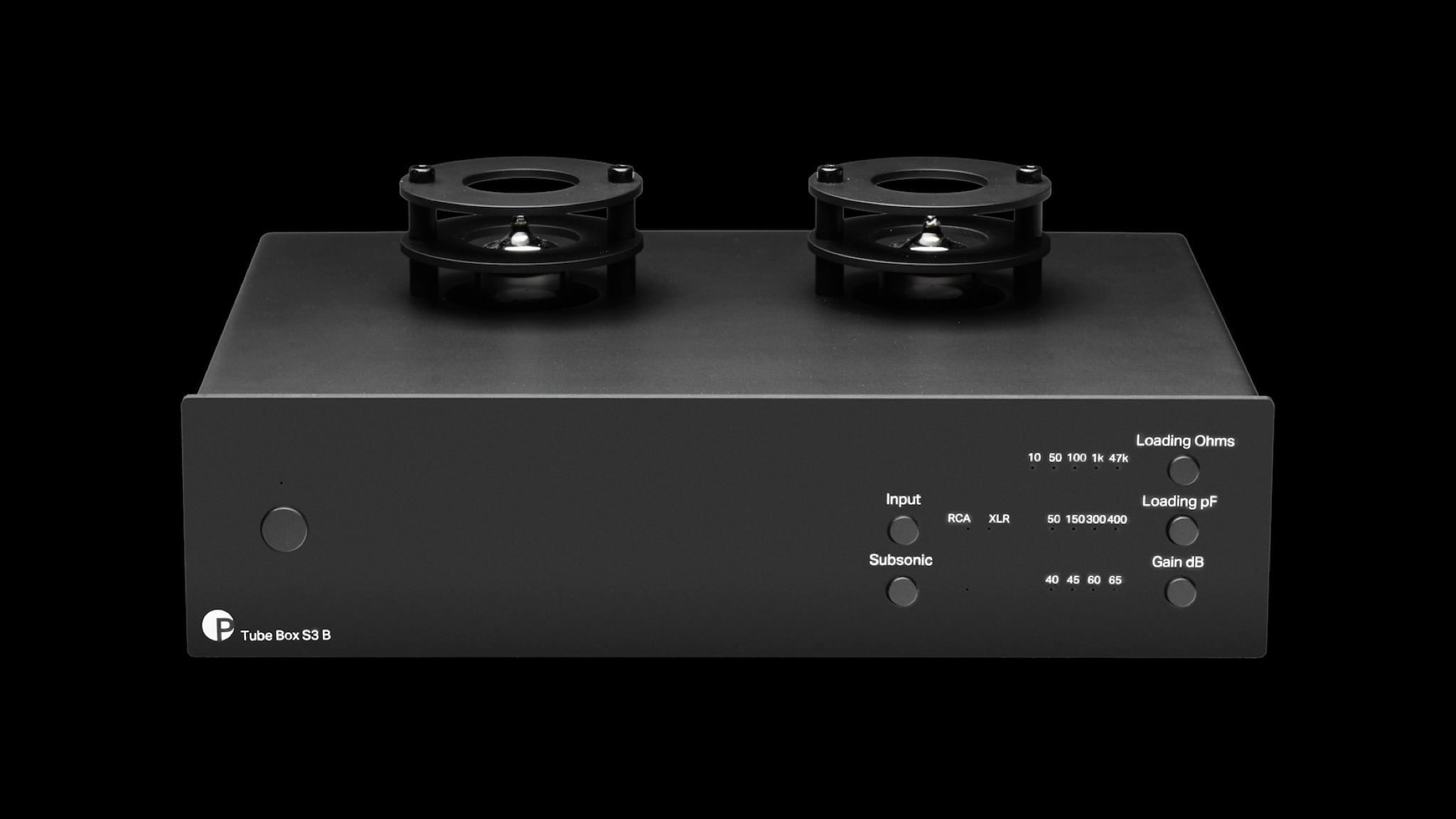 A Pro-Ject Tube Box S3 B pre-amp on a completely black background