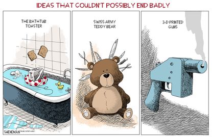 Political cartoon U.S. Swiss army teddy bear bathtub toaster 3-D printed gun plastic bad idea