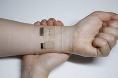 An photo of the experimental diabetes patch, on a users wrist.