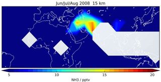 The distribution of the atmospheric ammonia concentration in June, July and August 2008 at the height of 9.3 miles (15 kilometers). The ammonia is measured in parts per trillion by volume (pptv). The white areas are gaps due to high cloud cover.