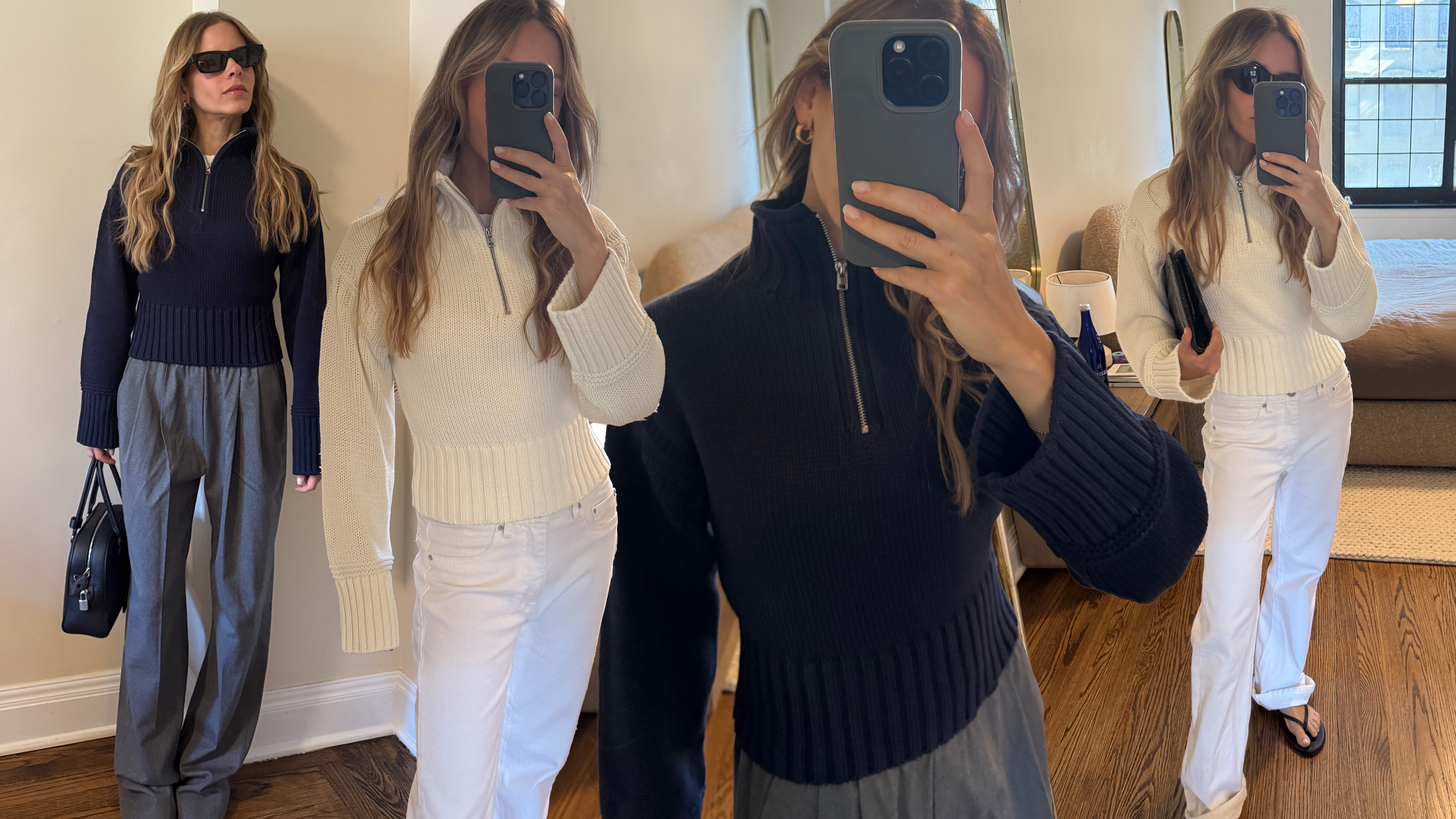a collage of nikki chwatt wearing the j.crew tiny rollneck sweater in navy and ivory.