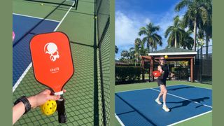 Pickleball paddle and view of Health Editor Grace Walsh playing pickleball
