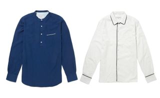 A blue half way button long sleeve shirt next to a white button up long sleeve shirt with a black line down its front.