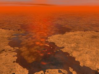 Here's an artist's vision of what that floating ice might look like, shown as lighter-colored clusters, on Titan.