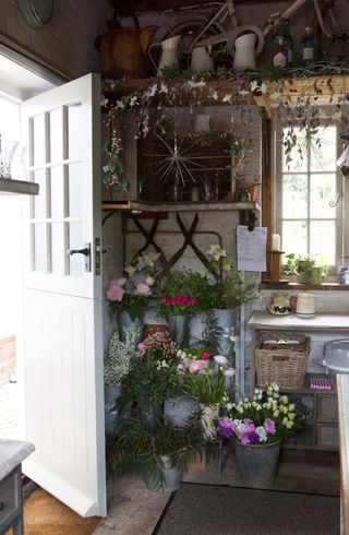 potting shed filled with flowers and buckets