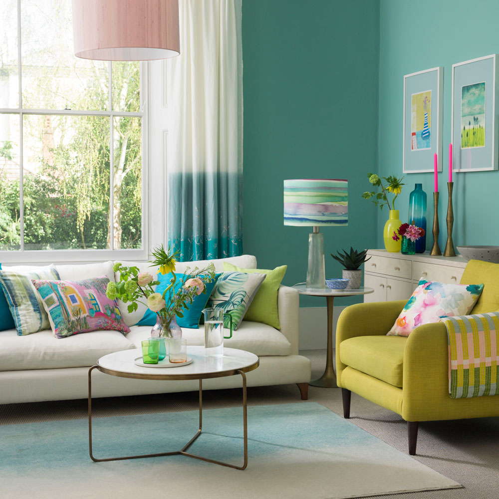living room with watercolour lampshade and faded rug