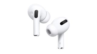 Apple AirPod Pro review: the white color earbuds, left and right, shown out of the wireless charging case