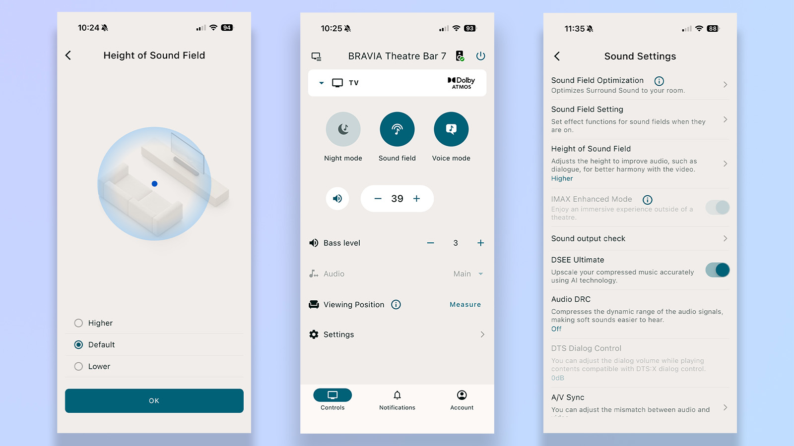 three screenshots from the sony connect app showing room configuration and advanced audio settings menus