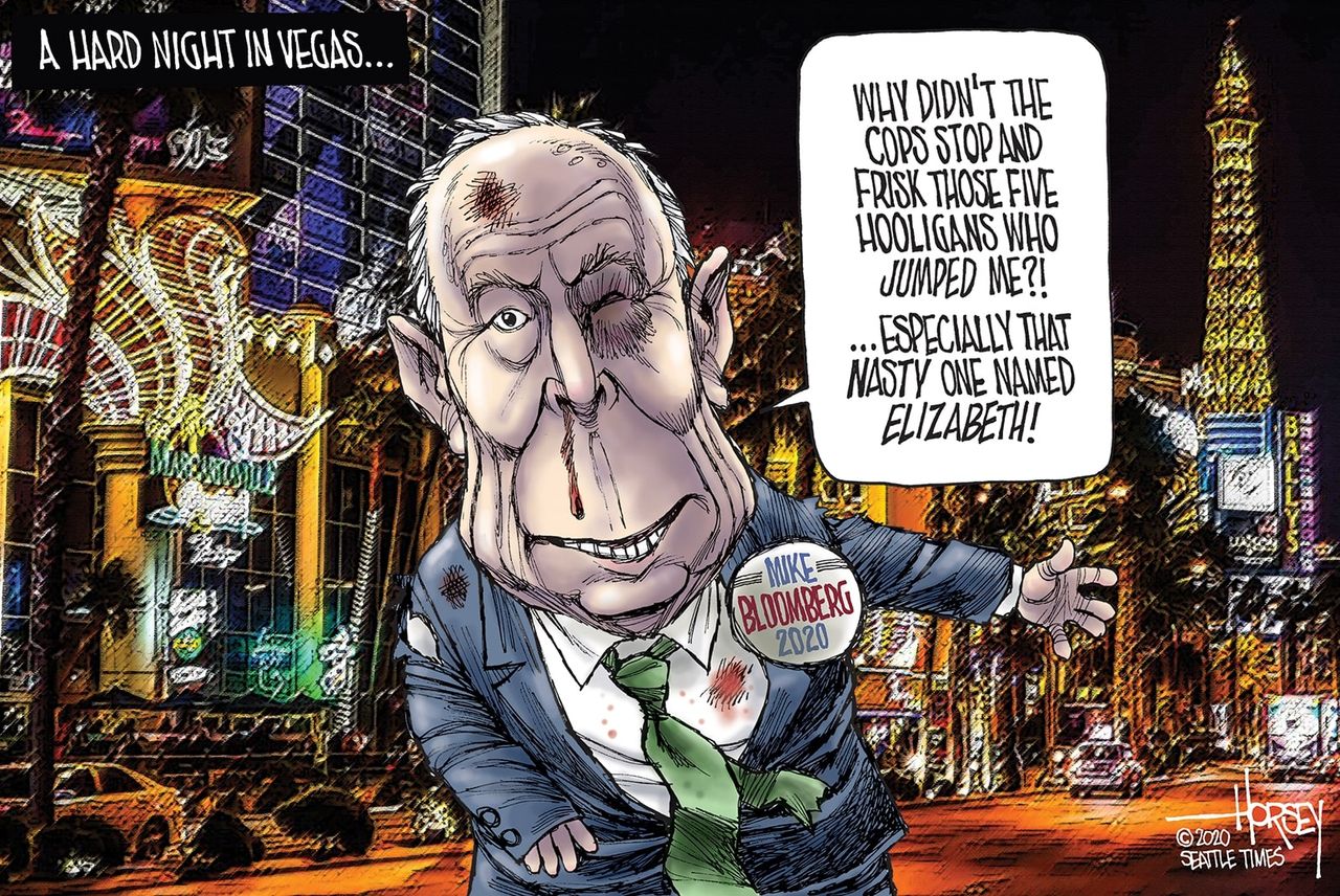 Political Cartoon U.S. Michael Bloomberg Elizabeth Warren Nevada democratic debates beatdown sexism racism