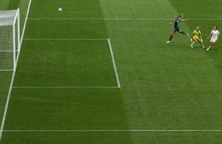 Ella Toone of England scores their team's first goal during the UEFA Women's Euro 2022 final match between England and Germany at Wembley Stadium on July 31, 2022 in London, England. (Photo by Julian Finney - The FA/The FA via Getty Images)