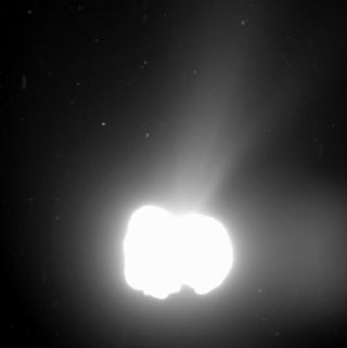 Rosetta spacecraft obtained this 330 second exposure of comet 67P/Churyumov-Gerasimenko. from a distance of 342 miles (550 km). The comet nucleus was saturated to bring out detail. Note a ghost image floats at the right.