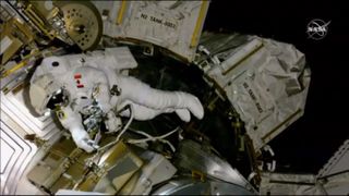 Canadian astronaut David Saint-Jacques gathers equipment to install experiment-support plugs on the outside of the International Space Station on April 8, 2019. This was the Canadian Space Agency's first spacewalk since 2007 and the 216th spacewalk overall in support of ISS maintenance and operations.