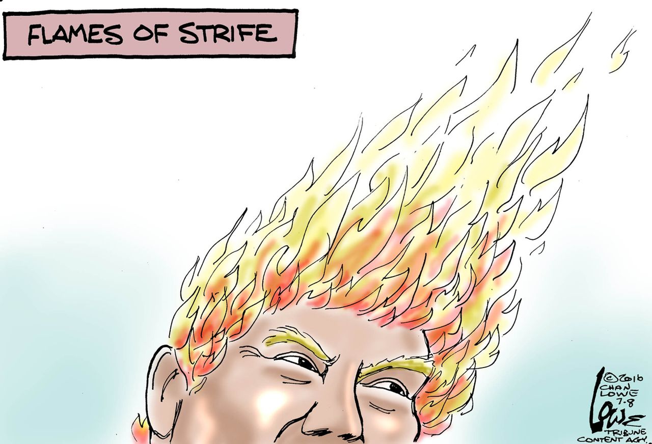 Political cartoon U.S. Donald Trump hair flames strife