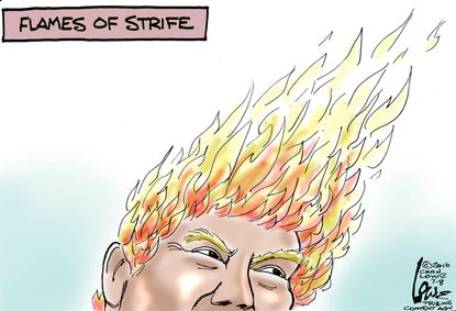 Political cartoon U.S. Donald Trump hair flames strife