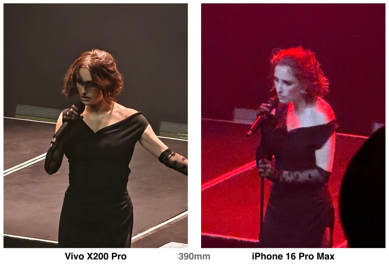 A comparison of Vivo X200 Pro and iPhone 16 Pro pictures shot at an event from a distance. The iPhone looks much grainier, but the Vivo X200 Pro's picture is also significantly more smoothed out.