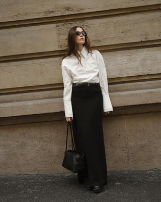 @lenaherrmann wearing a column skirt and shirt