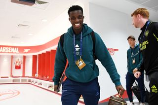 Eddie Nketiah of Arsenal arrives at the stadium prior to the UEFA Champions League match between Arsenal FC and PSV Eindhoven at Emirates Stadium on September 20, 2023 in London, England.