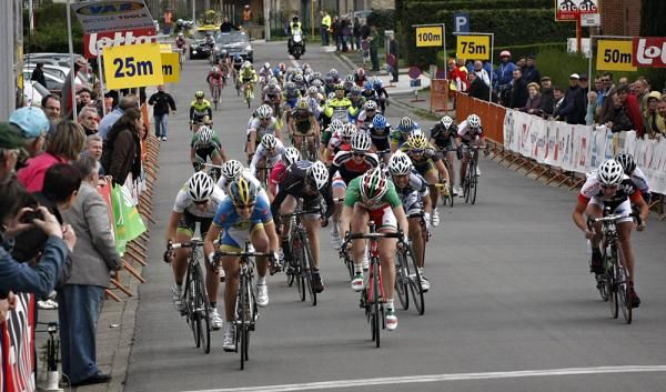 The peloton comes to the line in the GP Dottignies