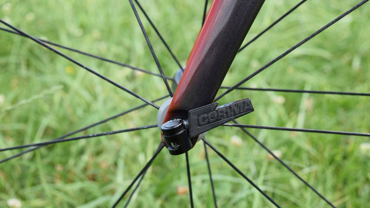 A closer look at the quick-release skewers from Corima and fork dropouts