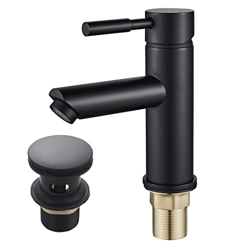 Black Basin Tap With Waste,luckyhome Washroom Sink Mixer Taps Single Lever Brass Cold and Hot Water Faucet