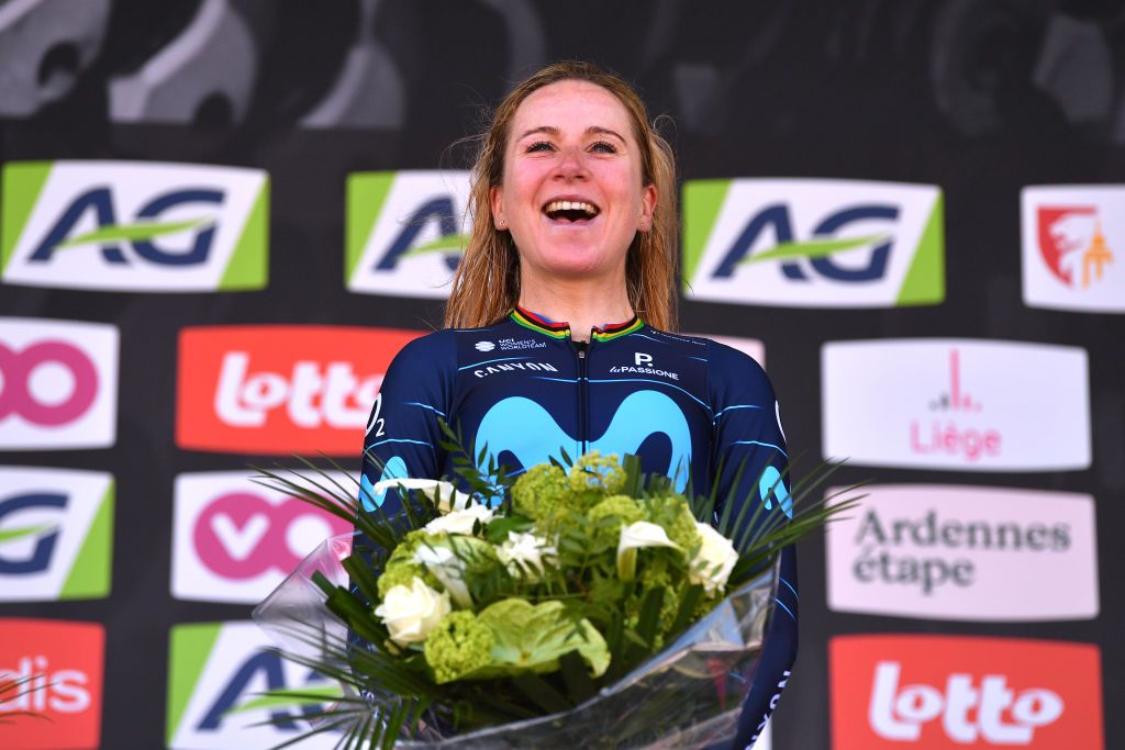 LIEGE BELGIUM APRIL 24 Annemiek Van Vleuten of Netherlands and Movistar Team Women celebrates at podium as race winner during the 6th Liege Bastogne Liege 2022 Femmes a 1421km one day race from Bastogne to Lige LBL LBLwomen UCIWWT on April 24 2022 in Liege Belgium Photo by Luc ClaessenGetty Images
