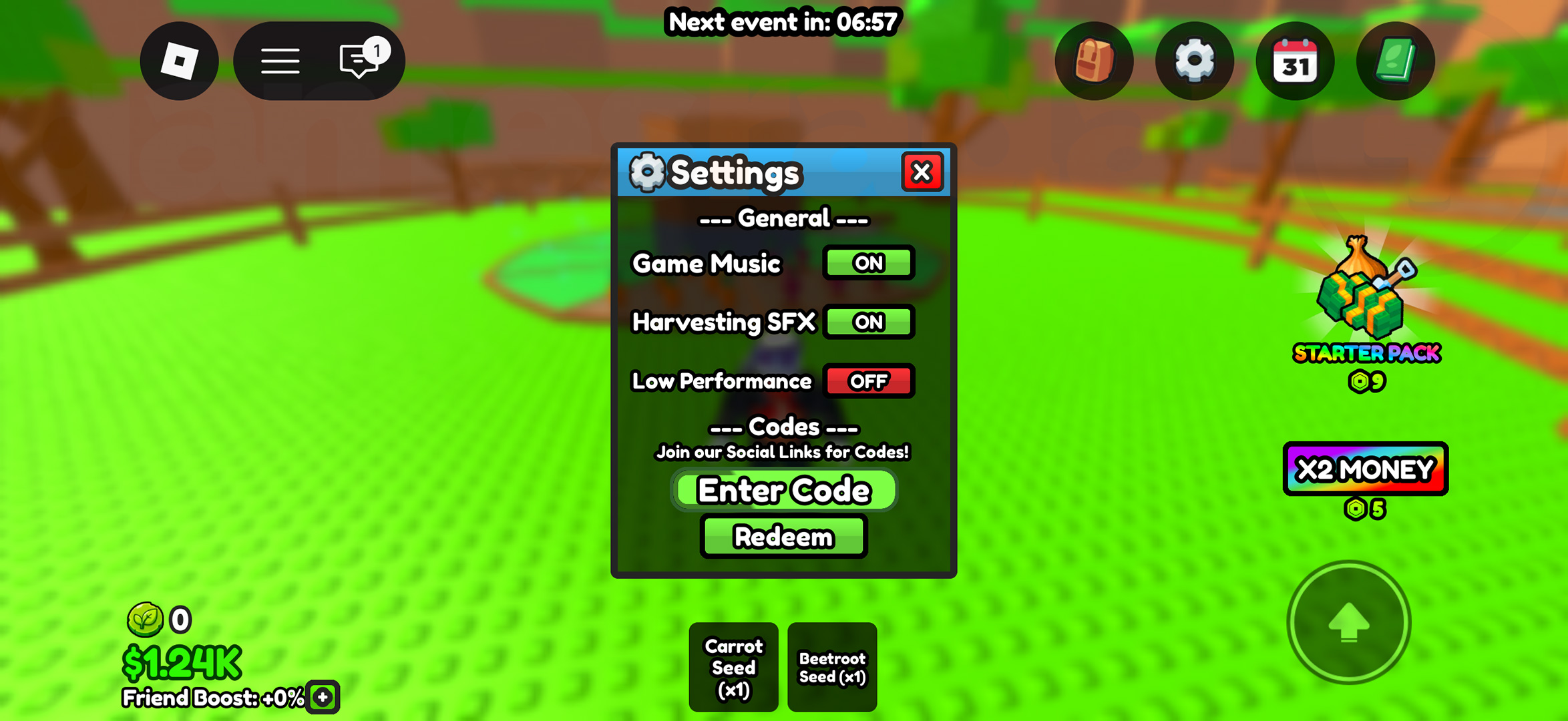 The menu to redeem Build A Ring Farm codes
