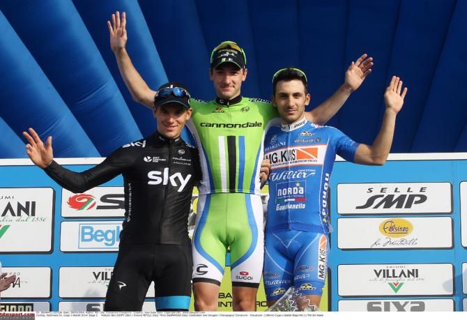 Coppi e Bartali stage 3 podium (L-R): Ben Swift, Elia Viviani and Rino Gasparrini