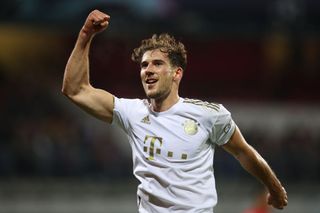 Leon Goretzka of Bayern Munich celebrates after scoring their team's third goal during the UEFA Champions League group C match between Viktoria Plzen and FC Bayern München at Doosan Arena on October 12, 2022 in Plzen, Czech Republic.