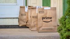 Brown bags with groceries and fresh produce delivered to a house through Amazon Prime